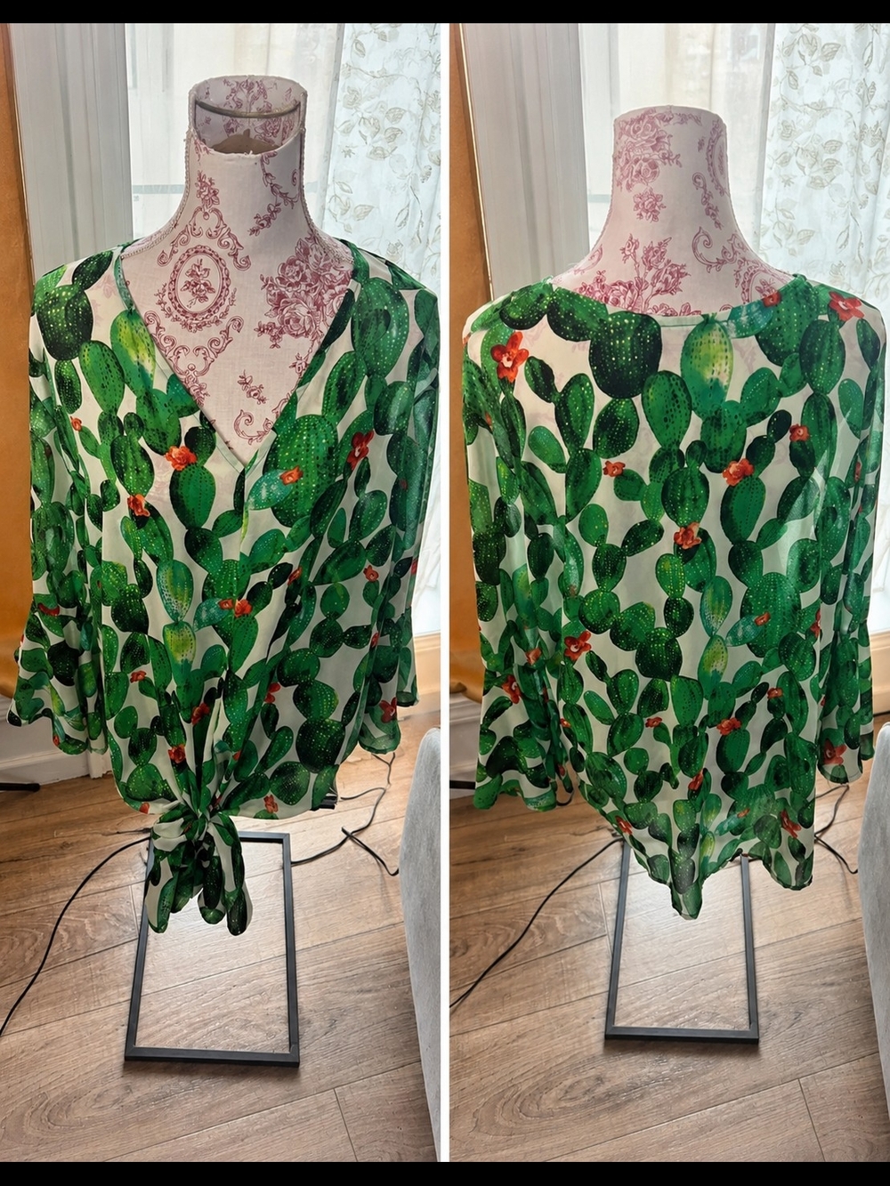 L&B Lucky & Blessed Cactus Print Bell Sleeve Tie Front Blouse Green 3X Western - Picture 2 of 5